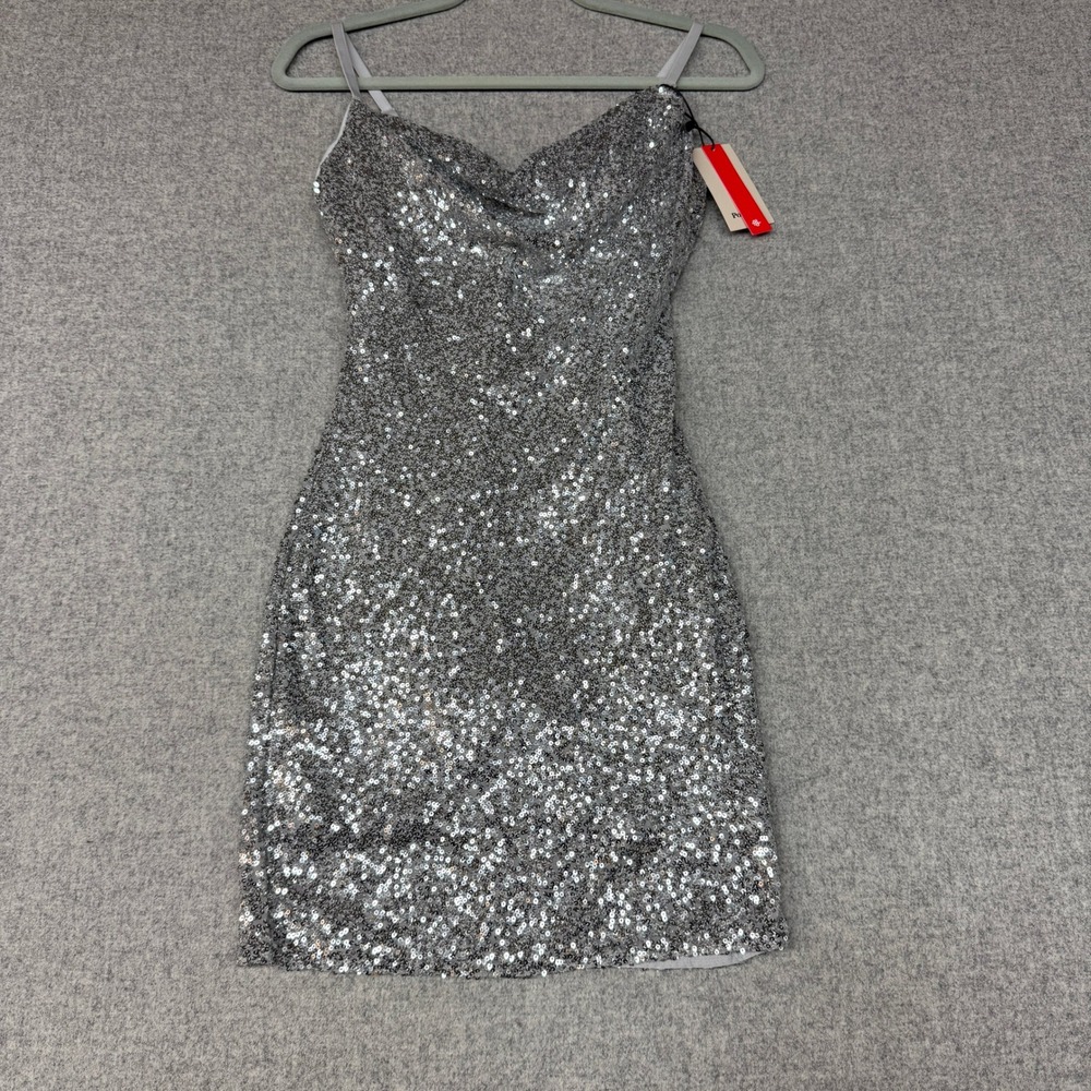 Popilush Sequin Mini Dress XS Silver Shapewear Lining Cowl Neck Party Glam NWT